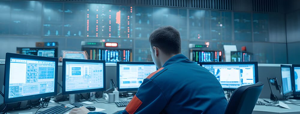 Engineer working on computers in front of a central control panel