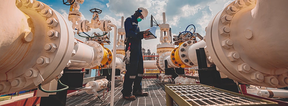 ISA Fire and Gas Mapping Certificate Program Image of inspection at steel long pipes and pipe elbow in station oil factory